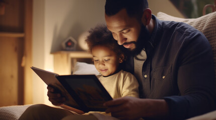 Young father reading a book to his son. Parent bonding and learning with toddler