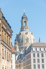 Dresden, Saxony, Germany. Famous historical downtown Augustus street and Church of our Lady at Neumarkt square - obrazy, fototapety, plakaty
