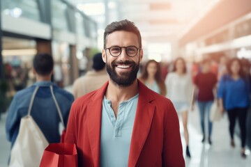 Obraz premium Portrait of Happy Male Goes to Shopping in Modern Clothing Store, Handsome Man Walking in Shopping Mall Surrounded By Blurred People.