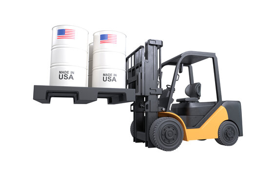 A forklift is lifting oil barrels made in the USA on a transparent background, PNG file