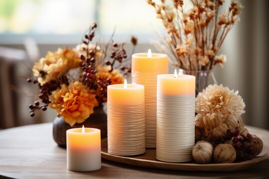 Photo of a beautifully decorated table adorned with an array of elegant white candles created with Generative AI technology