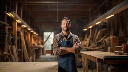 The carpenter is posing with his craft in a dusty workshop.