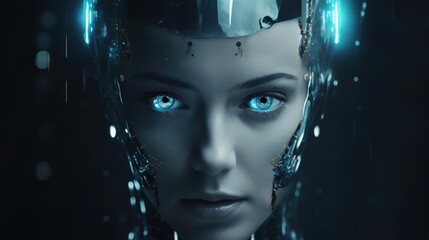 humanoid robot on data network connection background. Generative Ai.