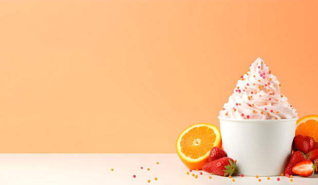Mockup Ice cream or yogut strawberry orange fruit scoop on white blank empty cup bowl on orange bright colorful background. for product presentation. copy text space.
