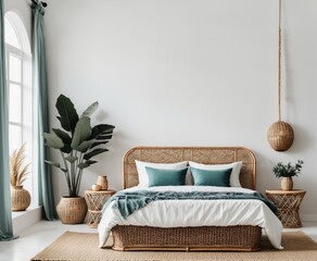 Home mockup, bedroom interior background with rattan furniture and blank wall