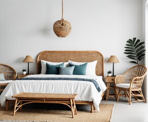 Home mockup, bedroom interior background with rattan furniture and blank wall - obrazy, fototapety, plakaty