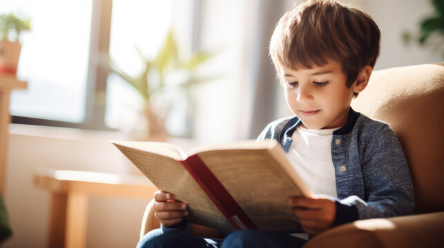 Toddler boy reading a book. Education and learning literacy. Kid reading a story