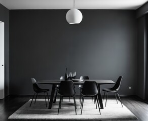 Modern interior design of apartment, dining room with table and chairs, empty living room with dark wall, 