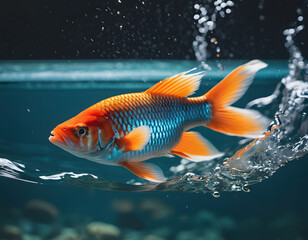 Colour fish tossed above water surface Splash art water. AI generative.