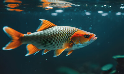 Naklejka premium Colour fish tossed above water surface Splash art water. AI generative.