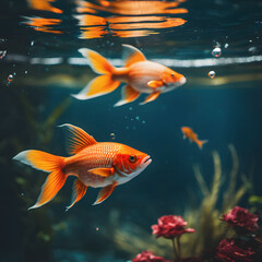 Fototapeta premium Colour fish tossed above water surface Splash art water. AI generative.