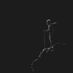 Hiking man sketch, Drawing white on black background, Man standing with trekking poles and big backpack on mountain cliff and looking away into the distance, Vector illustration outdoor activities