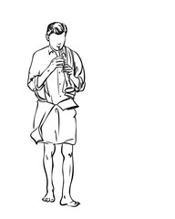 Man playing the flute and walking barefoot, Drawing of faceless person playing wind musical instrument, Vector simple linear sketch, Hand drawn illustration isolated