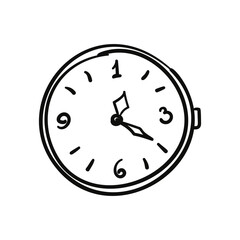 Clock with a round dial with hands showing the time 1 hours 20 minutes, Hand drawn illustration, Simple vector doodle