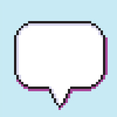 Speech bubble pixel art blank white text box dark violet outline isolated on light blue background, Computer games graphics vector illustration