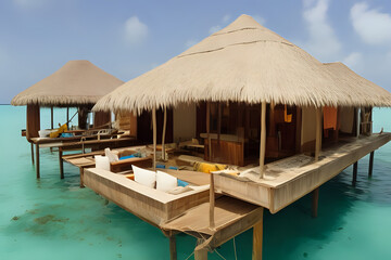 Traditional house resort with vintage roof and panoramic sea view at Zanzibar, Tanzania. Traveling concepts