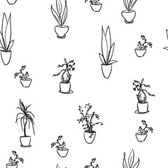 Potted plants seamless background, Repeating hand drawn illustration of different indoor houseplants in flowerpot black and white pattern