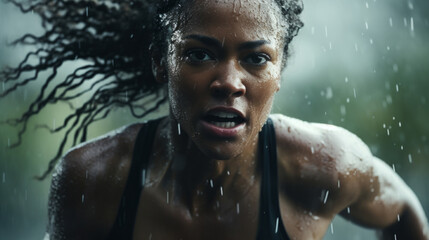 Fototapeta na wymiar Action Portrait of female running or training in rain. Confident and focused woman athlete