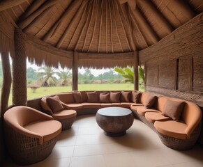 Fototapeta na wymiar an interior decoration of a luxury hotel lounge in the traditional Bamileke hut 