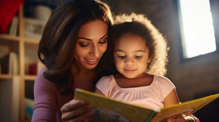 Obraz premium Young mother reading a book to her daughter. Parent bonding and learning with toddler