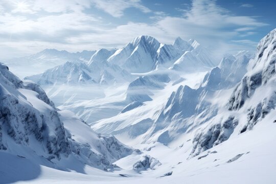 Majestic snowy mountain range against clear blue sky. Panoramic view for mountaineering and travel.