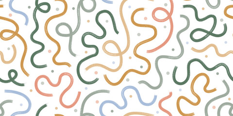 Obraz premium Colorful bold grunge line earth color background. Fun doodle vector seamless pattern for children or trendy design
