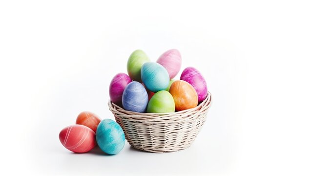 Colorful easter eggs in basket isolated on white bac