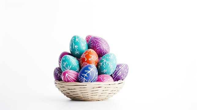 Colorful easter eggs in basket isolated on white bac