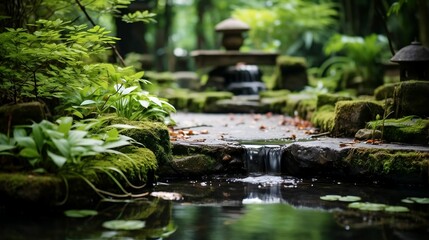 background Zen garden with a tranquil waterfall 
