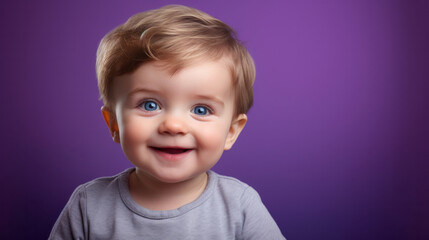 Naklejka premium Portrait of a toddler posing against a purple background. happy smiling boy