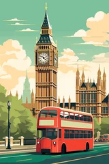 Foto op Canvas London retro city poster with Big Ben and red bus © XC Stock