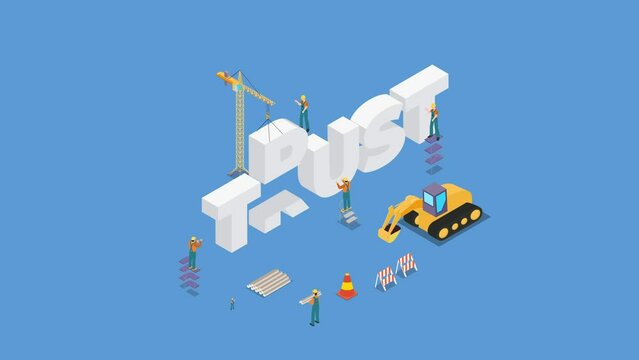 Construction site vehicles and workers building TRUST 3d isometric cartoon animation in 4K UHD 3840x2160