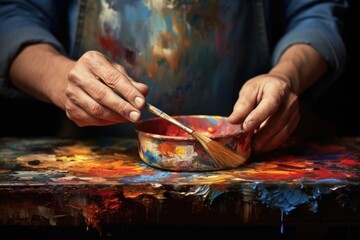 Obraz premium close up Hand Mixing Paints with a Brush for an Abstract Painting