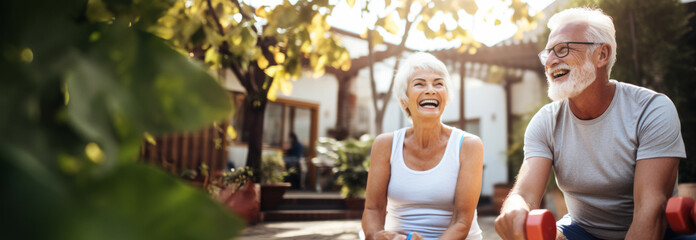 Cheerful Seniors on Outdoor Workout in the garden - obrazy, fototapety, plakaty