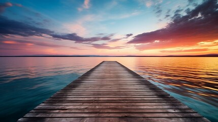 Obraz premium background Wooden pier at sunset over a calm lake 