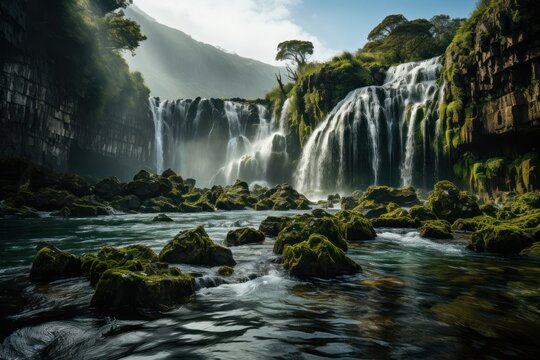 River rapids surrounded by northern forest and mountains at morning 3D render. Beautiful nature landscape, scenic outdoor background, serenity and calmness.