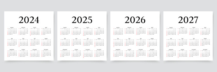 Calendar for 2024, 2025, 2026, 2027 years. Yearly calender organizer. Week starts Sunday. Grid template with 12 months. Calendar layout in simple design. Planner in English. Vector illustration.