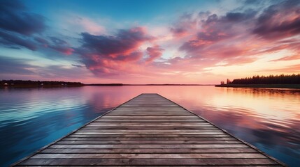 background Wooden pier at sunset over a calm lake
