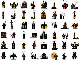 set of halloween house silhouette