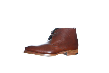 One Tanned Derby Boot of Calf Leather with Leather Sole Placed On Pure White Background.