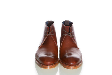 Tanned Derby Boots Made of Calf Leather with Leather Sole Placed In Line With One Another On Pure...