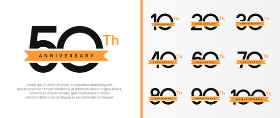 set of anniversary logo black color number and orange ribbon on white background for celebration