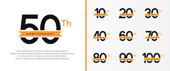 set of anniversary logo black color number and orange ribbon on white background for celebration