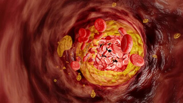 Hyperlipidemia or arteriosclerosis. Blocked artery concept and human blood vessel as a disease with cholesterol fat buildup clogging. Clogged arteries, Cholesterol plaque in the artery. 3D Rendering