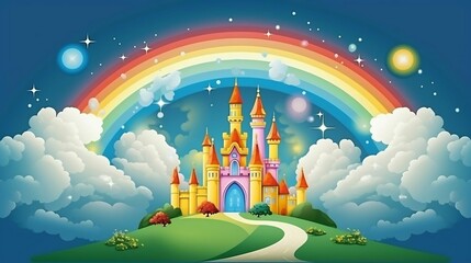 backround Enchanted castle in the clouds with a rainbow
