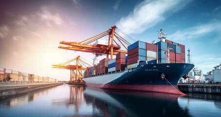 Container ship is loaded with containers by crane at port - Topic Trade, Logistics and Global Markets - Generative AI