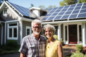 Old couple stands contentedly in front of house or home with solar panels or photovoltaic system on the roof - Topic solar power or green electricity - Generative AI - 647544235