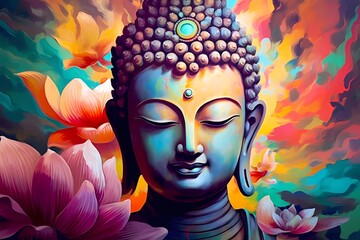 Illustration of Buddha statue with lotus flowers in painting style, Generated ai, generative, ai