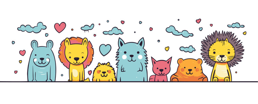 Cute wild animals set vector banner illustration for children. Adorable and happy lion, squirrel, dog, bear, wolf doodle collection, isolated art