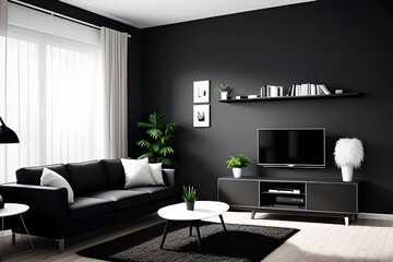 Home interior, modern dark living room interior, black empty wall mock up. Side view